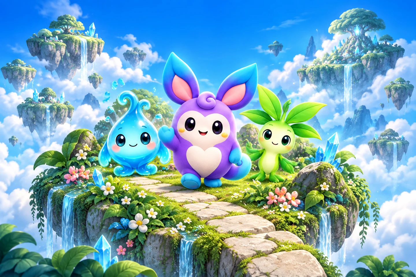 Poflo, Orilo and Folino welcome you to a floating garden surrounded by blue skies.